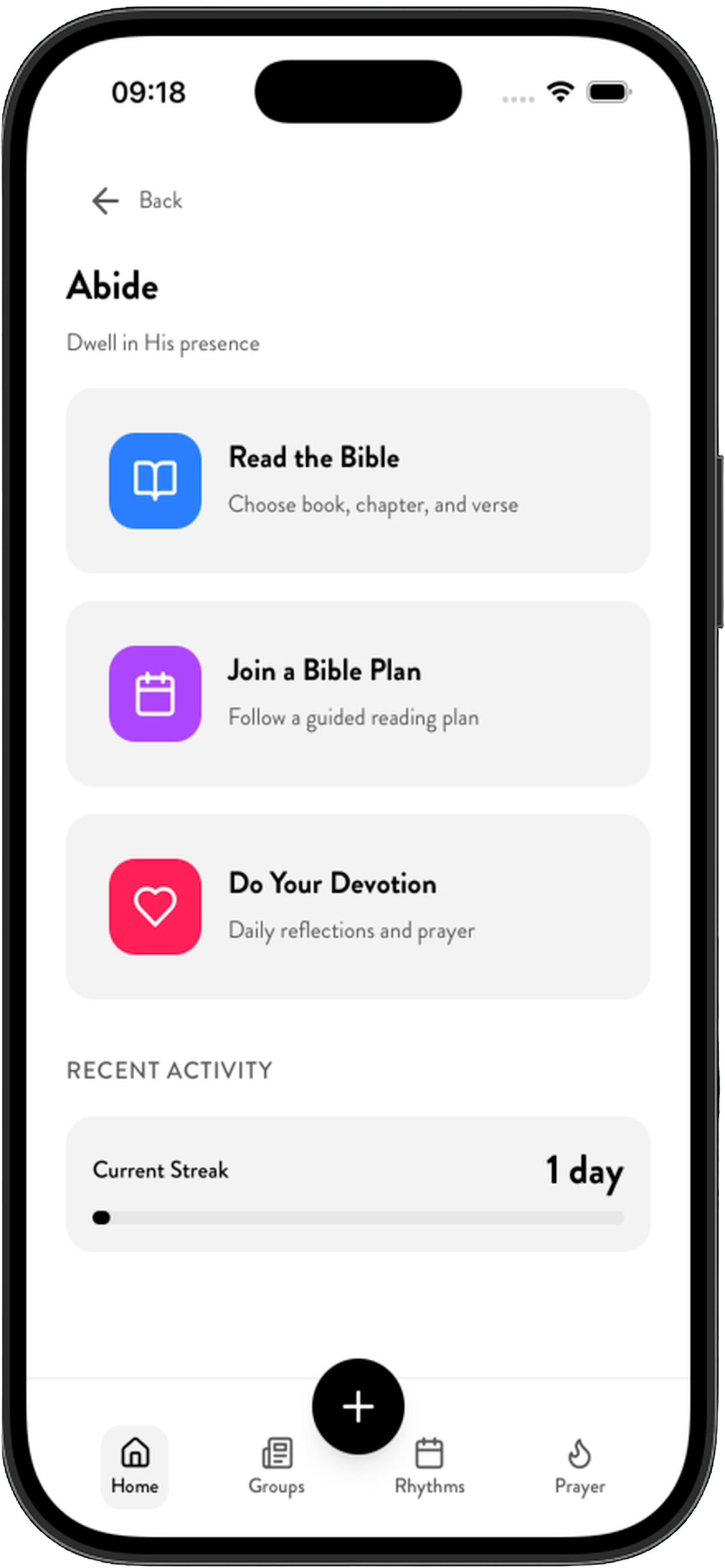 The Common Life Abide screen showing Read the Bible, Join a Bible Plan, and Do Your Devotion features