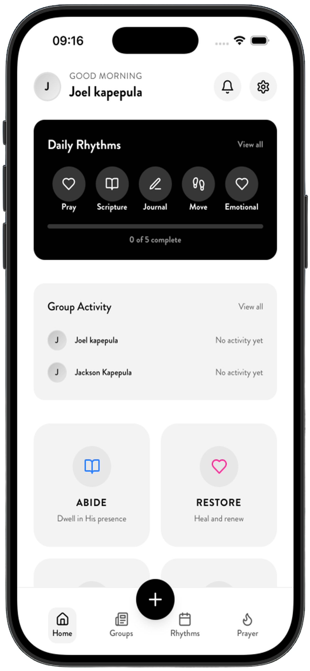 The Common Life app home screen showing Daily Rhythms tracker with Pray, Scripture, Journal, Move, and Emotional practices